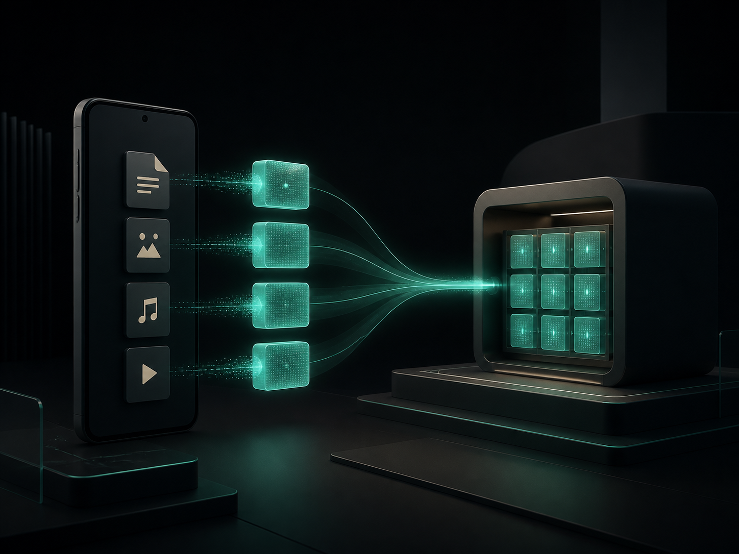 A phone transforming files into encrypted blocks before sending them to storage
