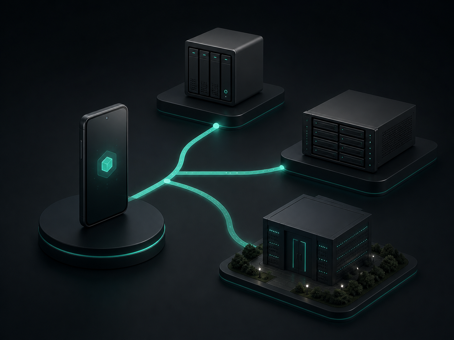 A phone connected to several different private storage destinations